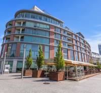 A building with modern architecture and a terrace on Pribinova Street in Bratislava, Old Town.