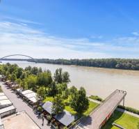View from Pribinova Street to the Danube and Apollo Bridge in Bratislava, Old Town.