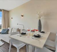 Dining area in a 2-room apartment with a sofa and wood-patterned flooring.