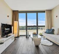 Living room in a two-room apartment with a view of the river, large window, wooden decor flooring.
