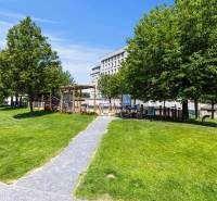 Greenery and benches in the city park on Pribinova Street, Bratislava - Old Town.