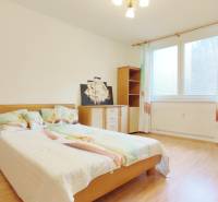 A bedroom in a 2-room apartment with a bed, furniture, and a wooden decor floor.