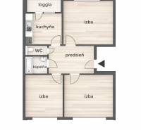 Floor plan of a 3-room apartment with an entrance hall, loggia, and wooden decor flooring.