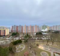 Petržalka, Gessayova: View of the housing estate with high-rise apartment buildings and a park in Bratislava.