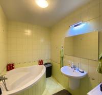 Bathroom in a 2-room apartment with a bathtub, sink, and mirror on the wall.