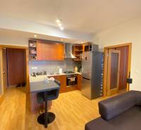A kitchen in a 2-room apartment with a wooden decor floor and a bar counter.