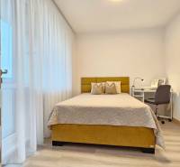 Bedroom in a studio apartment with a bed, a desk, and a wooden decor floor.
