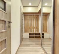 Interior of a 1-room apartment with a wooden decor floor, cabinets, and a coat rack wall.
