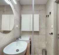 Bathroom with a mirror, sink, and washing machine in a studio apartment.