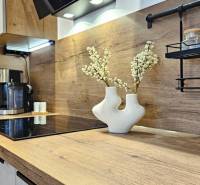 A kitchen unit in a studio apartment with a coffee maker and decoration in wooden decor.