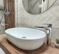Bathroom in a studio apartment with a sink on wooden decor and a modern faucet.