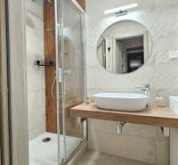 Bathroom in a studio apartment with a round mirror, shower, and wooden decor.