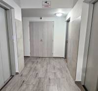 A corridor with two elevators and a floor with a wooden decor, Košice - Nad jazerom, Rovníková.