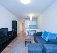 Living room with a sofa and TV in a 2-room apartment, floor with wooden decor.