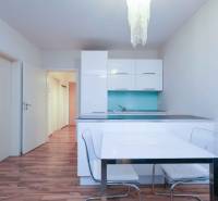 The kitchen of a two-room apartment with white cabinets, a blue backsplash, and a wood-patterned floor.
