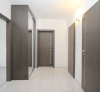 A hallway in a 3-room apartment with doors in dark wood decor and light flooring.