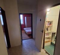 A hallway in a 3-room apartment with entrances to the bathroom and a room, flooring with a wooden decor.