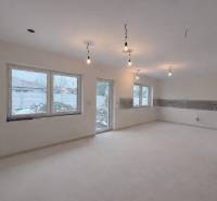 Interior in a family house with light flooring and large windows, without furniture.