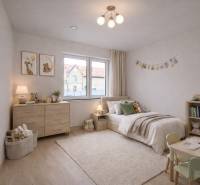 Children's room in a family house with a wooden decor floor and soft lighting.