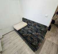 A sofa in a one-room apartment with a wooden decor floor.
