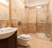 A bathroom with a shower and ceramic tiles in a 3-room apartment.