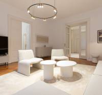 Living room in a 3-room apartment with white furniture and a wooden decor floor.