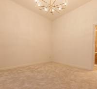 The interior of a bright room in a 3-room apartment with a soft carpet and a sheer curtain.