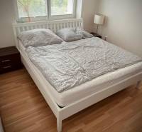 Bedroom in a two-room apartment with a wood-decor floor and a double bed.