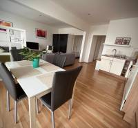 Interior of a 2-room apartment with a kitchen, dining table, and floor with wooden decor.