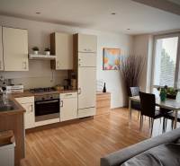 A kitchen in a 2-room apartment with a dining table and a floor with a wood decor.