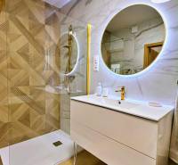 A bathroom with a wood-patterned floor and a stylish shower in a 3-room apartment.