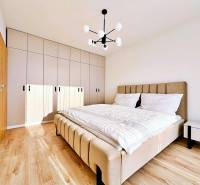 Bedroom in a 3-room apartment with a bed, built-in wardrobe, and wooden decor flooring.