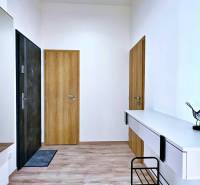 A hallway with doors, a floor with a wooden decor, and furniture in a 3-room apartment.
