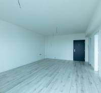 A spacious room with a wood-decorated floor, white walls, and black doors.