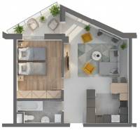 Floor plan of a 2-room apartment with wood-patterned flooring and a balcony offering comfortable seating.