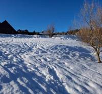 Snow-covered residential lands in Ždiar with trees and a blue sky.