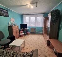 Living room in a three-room apartment with turquoise walls, furniture, and carpet flooring.