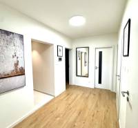 A bright hallway with a wooden decor floor in a 3-room apartment and artistic paintings.