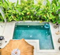 A pool in a villa on Berawa Street in Canggu, surrounded by greenery and decorations.