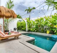 A villa pool with loungers, a rattan roof, surrounded by tropical plants.