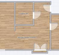 Floor plan of a 2-room apartment with wood-patterned flooring, a bathroom, a kitchen, and a balcony.