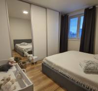A bedroom in a two-room apartment with a wood-patterned floor, a bed, and a baby crib.