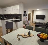 Kitchen with living room in a 2-room apartment, light cabinetry, floor with wood decor.