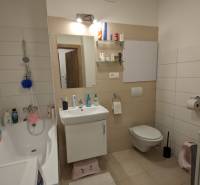 Bathroom in a 2-room apartment with a bathtub, sink, mirror, and light wall paneling.