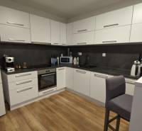 A kitchen in a 2-room apartment with a wood-patterned floor and white cabinets.