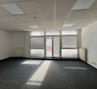 Offices with large windows and gray carpet, white walls, ceiling lighting.