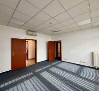 Offices with carpeted floors, white walls, ceiling panels, and air conditioning.