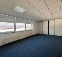 Offices with large windows and carpeted floors overlooking the city.