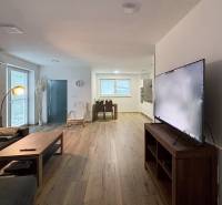 Living room in a 3-room apartment with a sofa, television, and wooden decor flooring.
