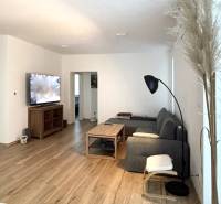 Living room in a 3-room apartment with a wooden decor floor and a gray sofa.